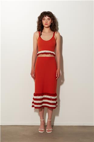 Orange Tasseled Bustier Skirt Knitwear Set SWTK4680-81TU