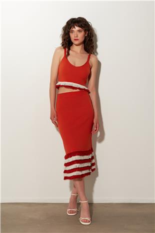 Orange Tasseled Bustier Skirt Knitwear Set SWTK4680-81TU
