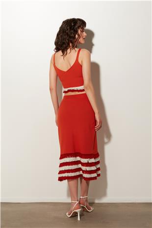 Orange Tasseled Bustier Skirt Knitwear Set SWTK4680-81TU