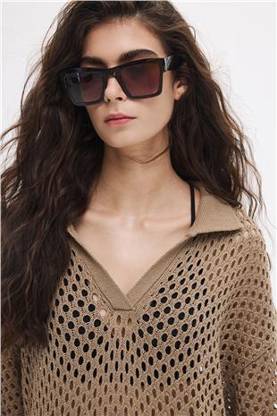 Vizon Melanj Ajurlu Polo Yaka Elbise