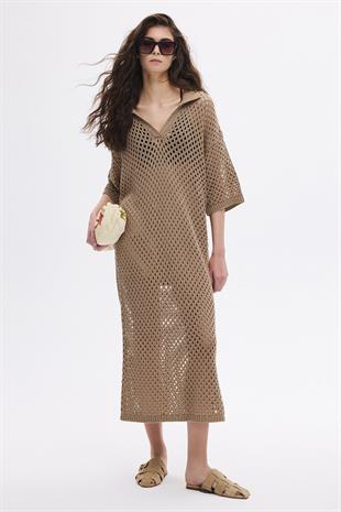 Vizon Melanj Ajurlu Polo Yaka Elbise