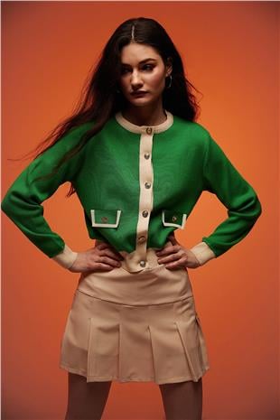 Green crew neck  Buttoned knit Cardigan SWC4683YE