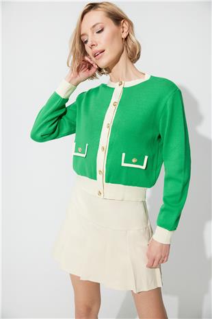 Green crew neck  Buttoned knit Cardigan SWC4683YE