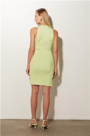 Green Crew Neck Ribbed Knitted Dress SWD4685YE