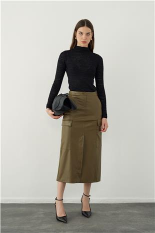 Leather look midi skirt with pocket detail