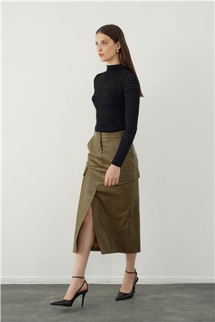 Leather look midi skirt with pocket detail