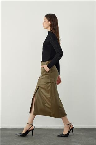 Leather look midi skirt with pocket detail