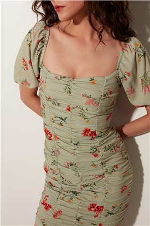 Green Patterned Gathered Mini Dress SS23D4794YE