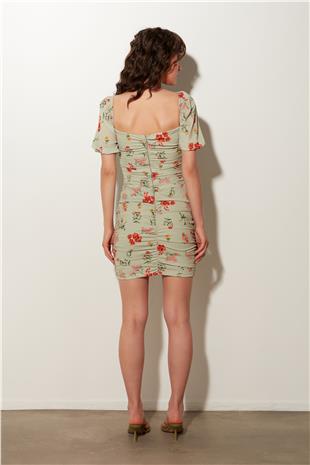 Green Patterned Gathered Mini Dress SS23D4794YE