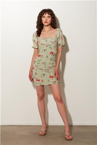 Green Patterned Gathered Mini Dress SS23D4794YE
