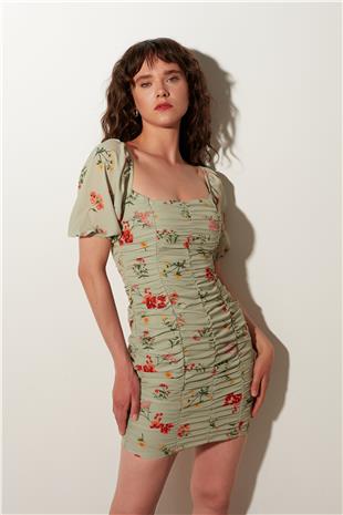 Green Patterned Gathered Mini Dress SS23D4794YE