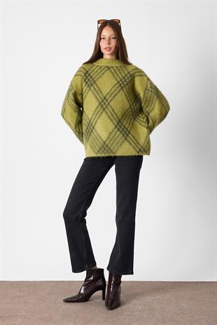 Yeşil Ekoseli Oversize Triko Kazak