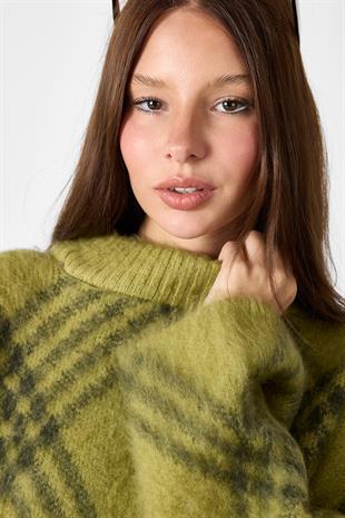 Yeşil Ekoseli Oversize Triko Kazak