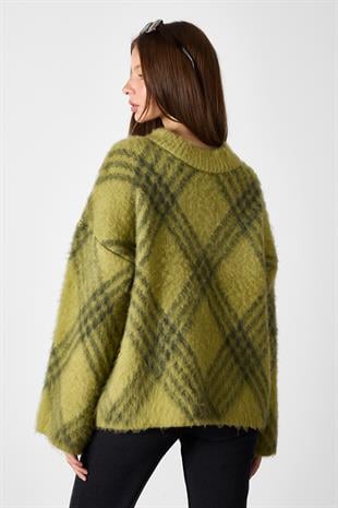 Yeşil Ekoseli Oversize Triko Kazak