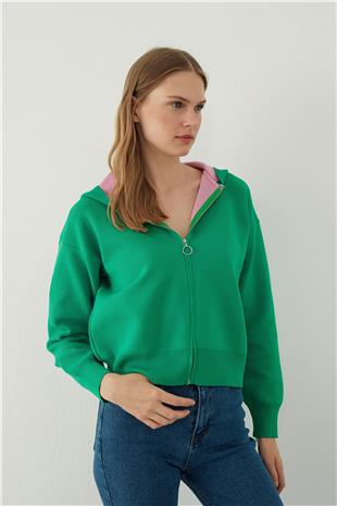 Green  Hooded Zipper Sweatshirt SWC4684YE