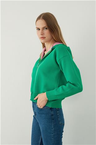 Green  Hooded Zipper Sweatshirt SWC4684YE
