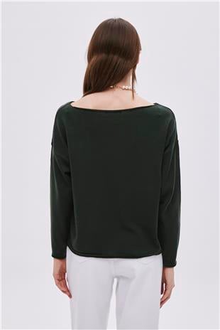 Green Boat Neck Basic Knitwear Sweater