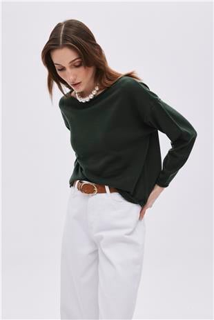 Green Boat Neck Basic Knitwear Sweater