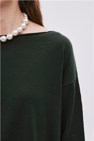 Green Boat Neck Basic Knitwear Sweater