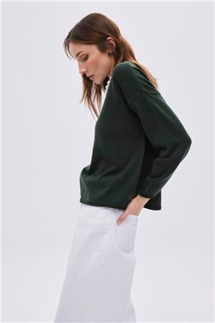 Green Boat Neck Basic Knitwear Sweater