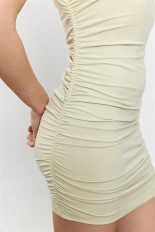 Yeşil Büzgülü Mini Elbise