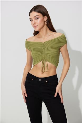 Green Off-the-Shoulder Knitwear Bustier SWK4632YE