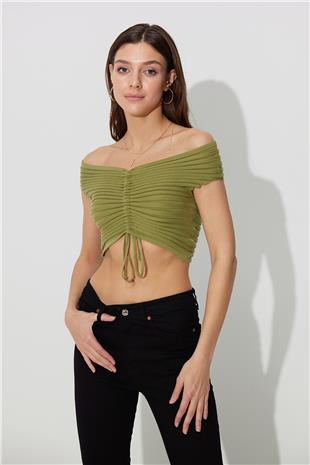 Green Off-the-Shoulder Knitwear Bustier SWK4632YE