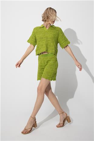 Yellow Polo Collar Sweater Shorts Knitwear Suit SWTK4634-35SA