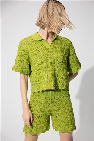 Yellow Polo Collar Sweater Shorts Knitwear Suit SWTK4634-35SA