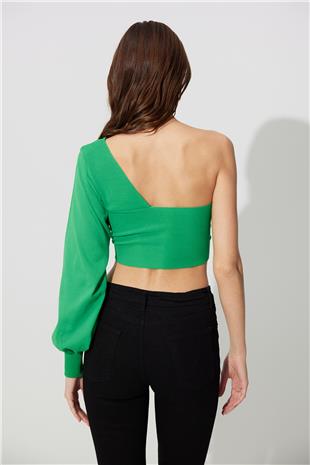 Green One Shoulder Balloon Sleeve Crop SWK4605YE