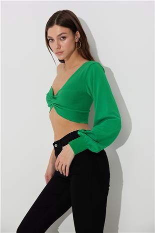 Green One Shoulder Balloon Sleeve Crop SWK4605YE