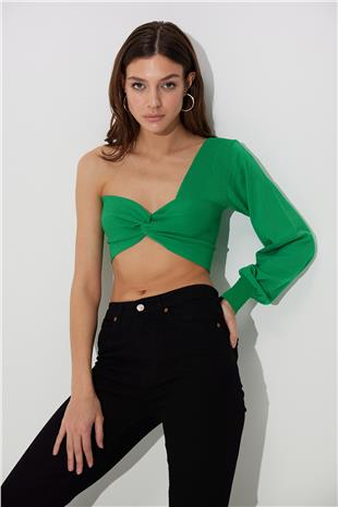 Green One Shoulder Balloon Sleeve Crop SWK4605YE