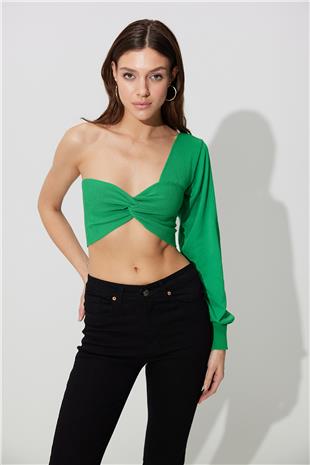 Green One Shoulder Balloon Sleeve Crop SWK4605YE