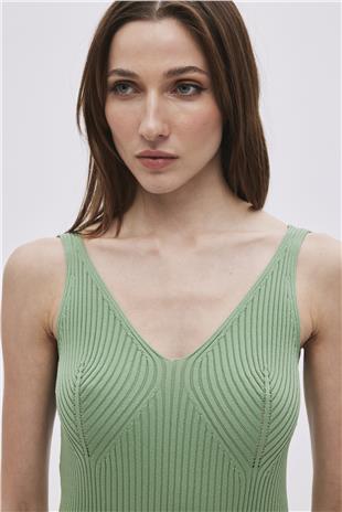 Green V Neck Knitwear Dress
