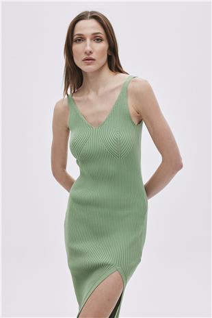 Green V Neck Knitwear Dress