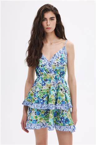 Yeşil Volanlı Mini Elbise