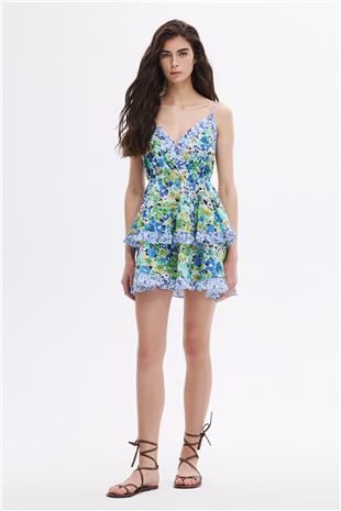 Yeşil Volanlı Mini Elbise