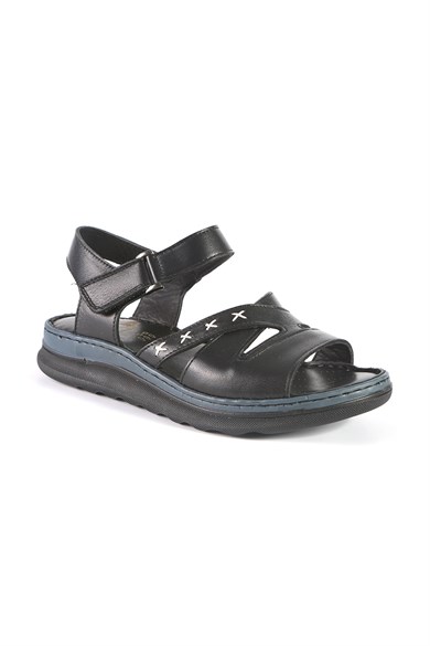 15047 BURÇ KADIN DERİ SANDALET SİYAH