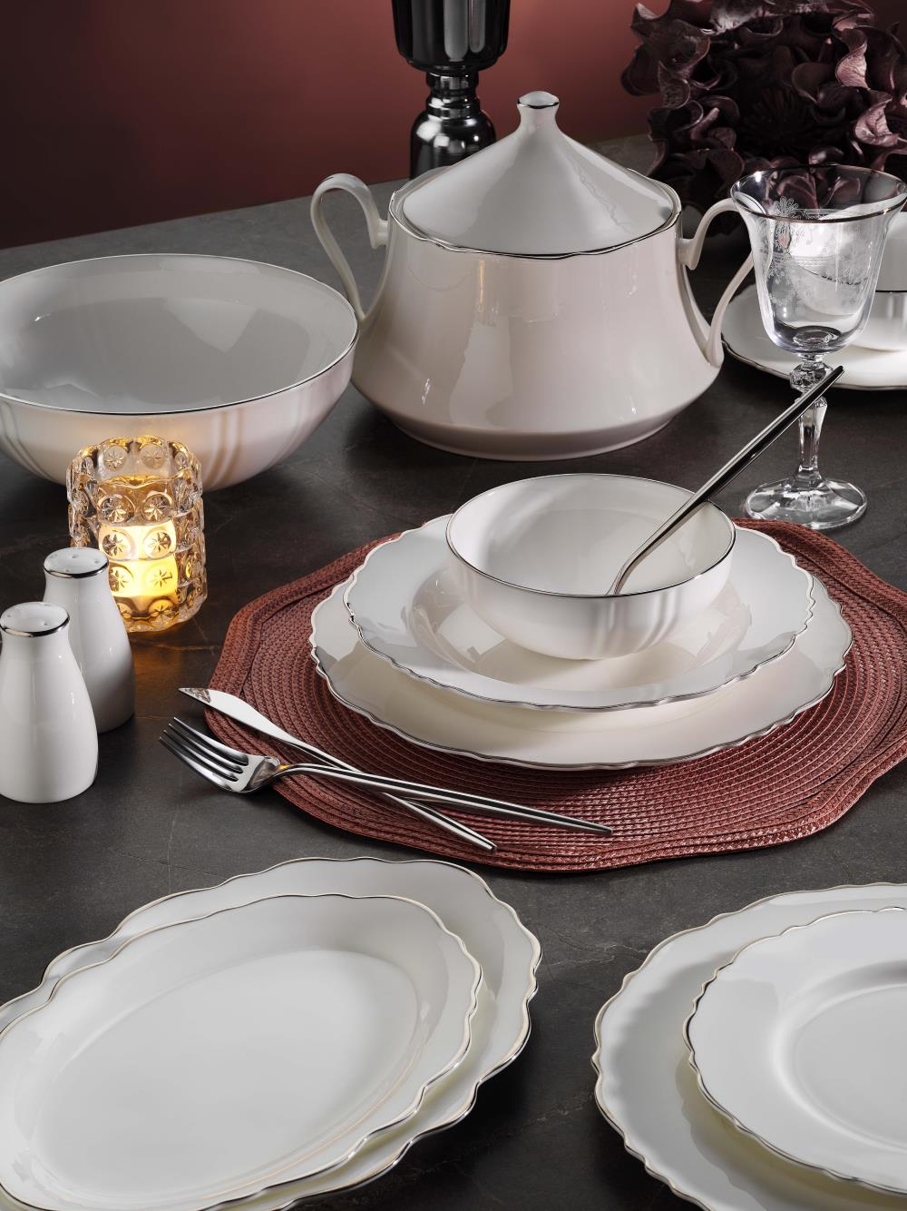 Aryıldız Bone Porselen 85 Parça Porselen Yemek Takımı Platin AR34005 