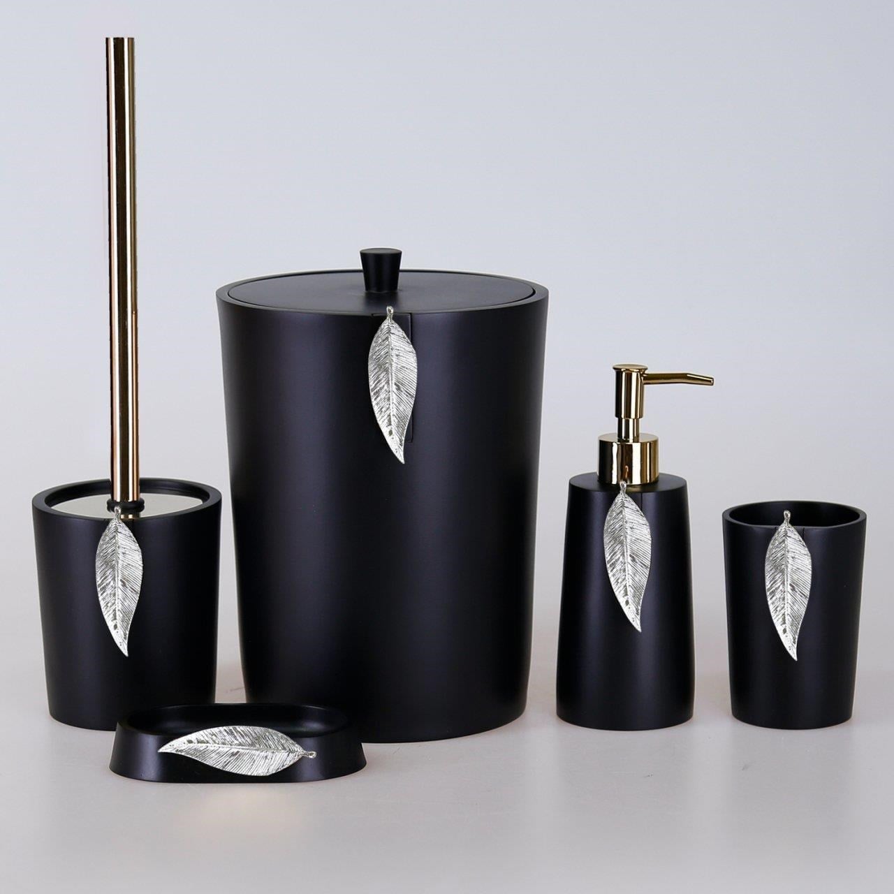 By Selim 5 Parça Polyester Banyo Seti Leaf Banyo Seti Siyah-Gümüş 