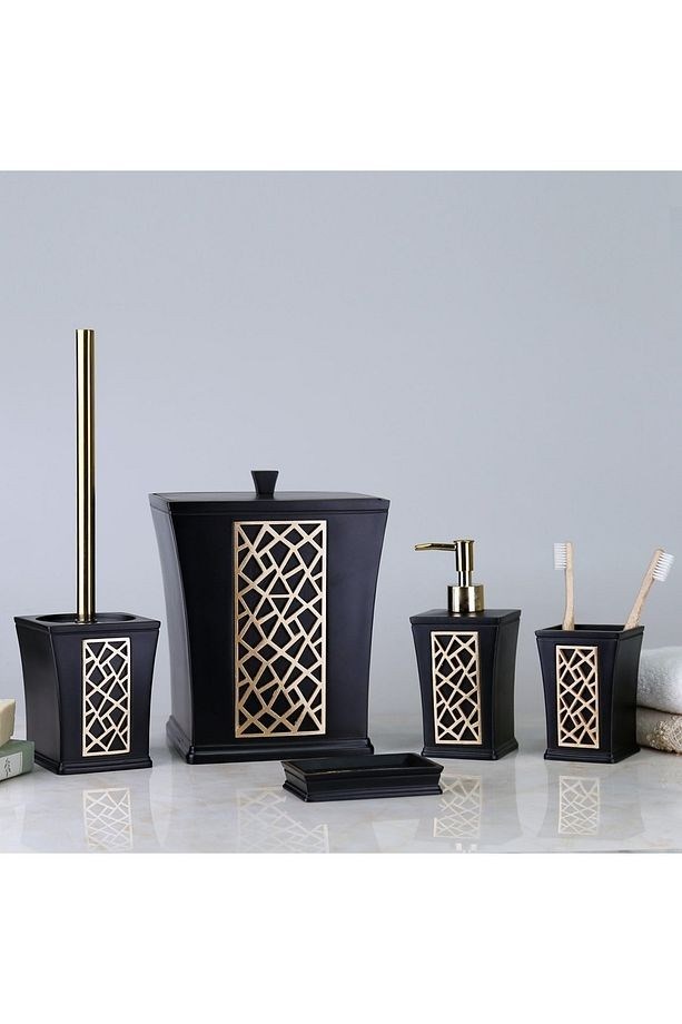 By Selim Mirage Siyah Altın 5 Parça Polyester Banyo Seti 