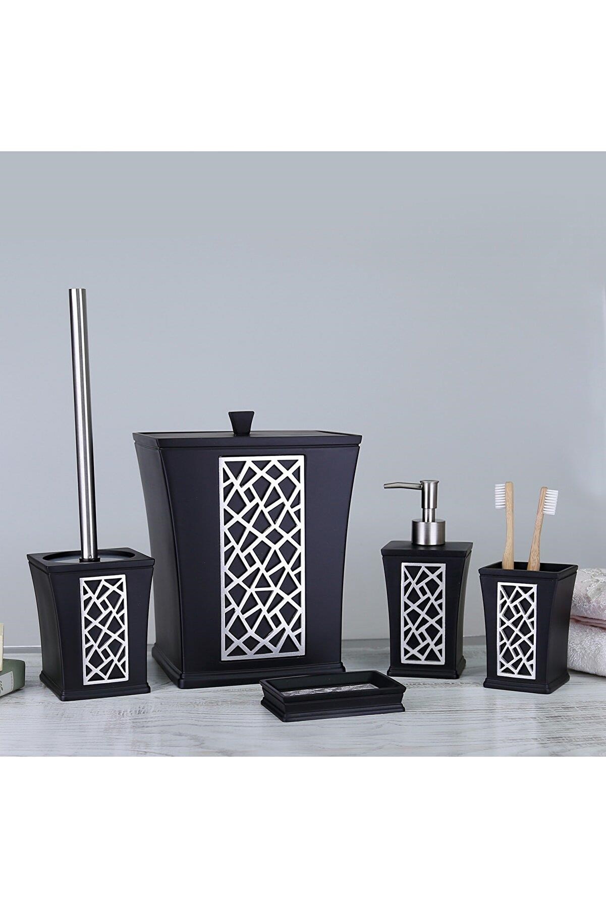 By Selim Mirage Siyah Gümüş 5 Parça Polyester Banyo Seti 