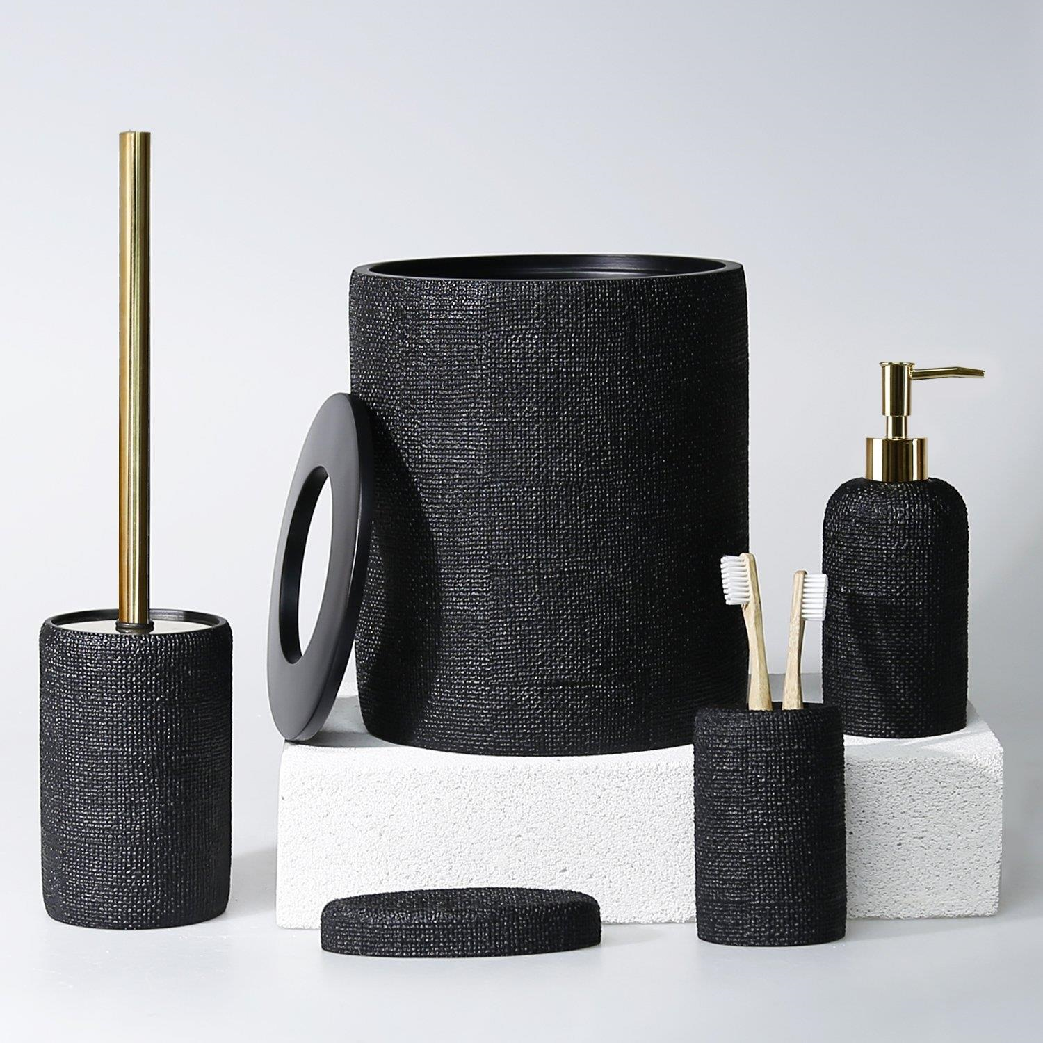 By Selim Natural 5 Parça Polyester Banyo Seti Siyah 