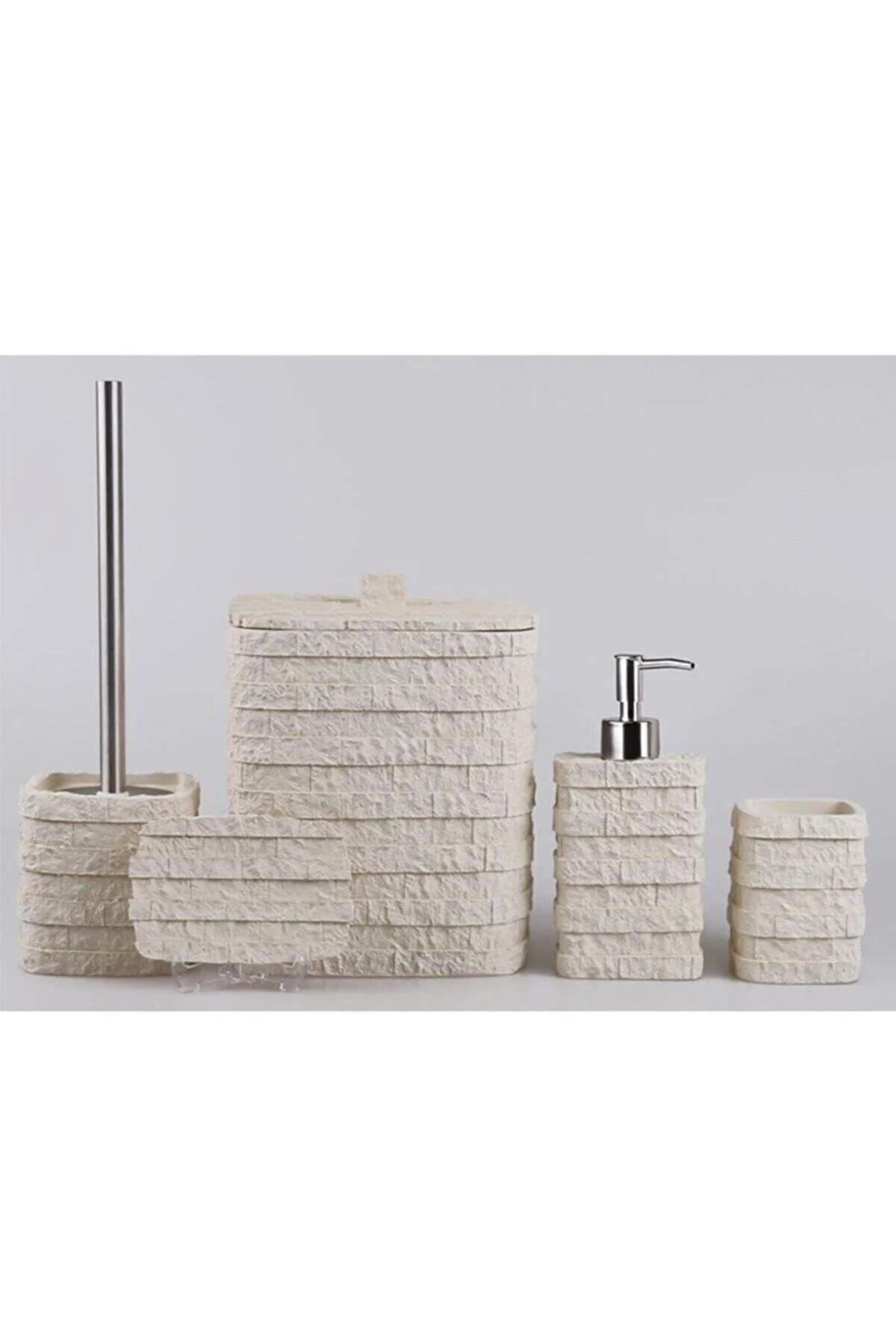 By Selim Stone Krem 5 Parça Polyester Banyo Seti 