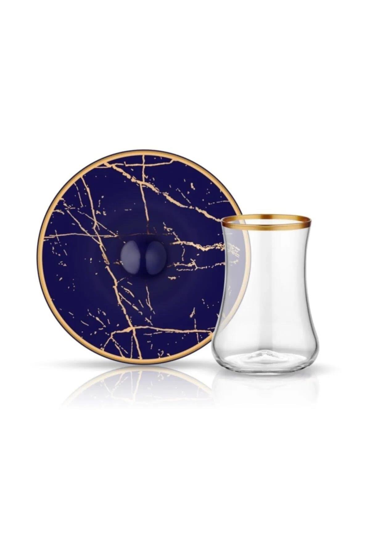 Koleksiyon Dervish Porselen Çay Seti 6 Lı Mermer Desen Kobalt 