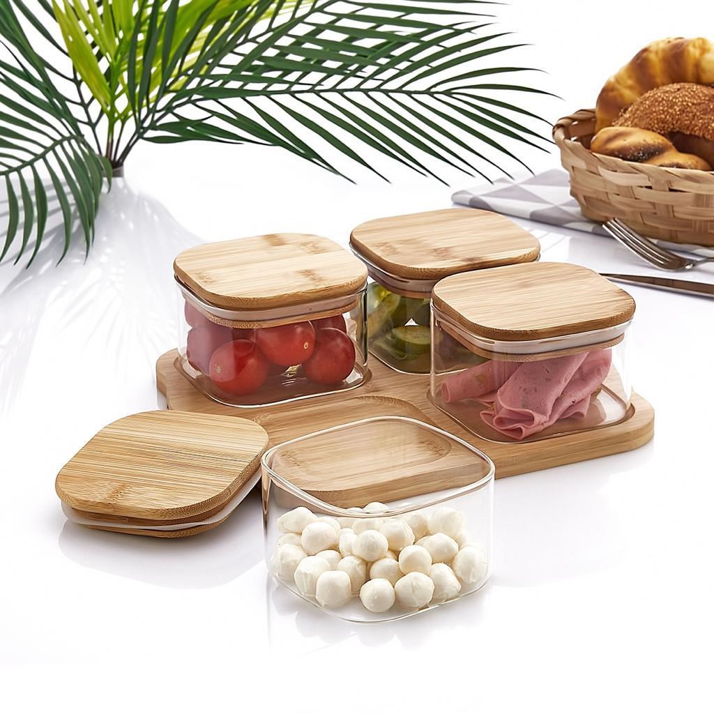 Mien 4lü Bambu Kapaklı Borosilikat CamKahvaltılık M0002 