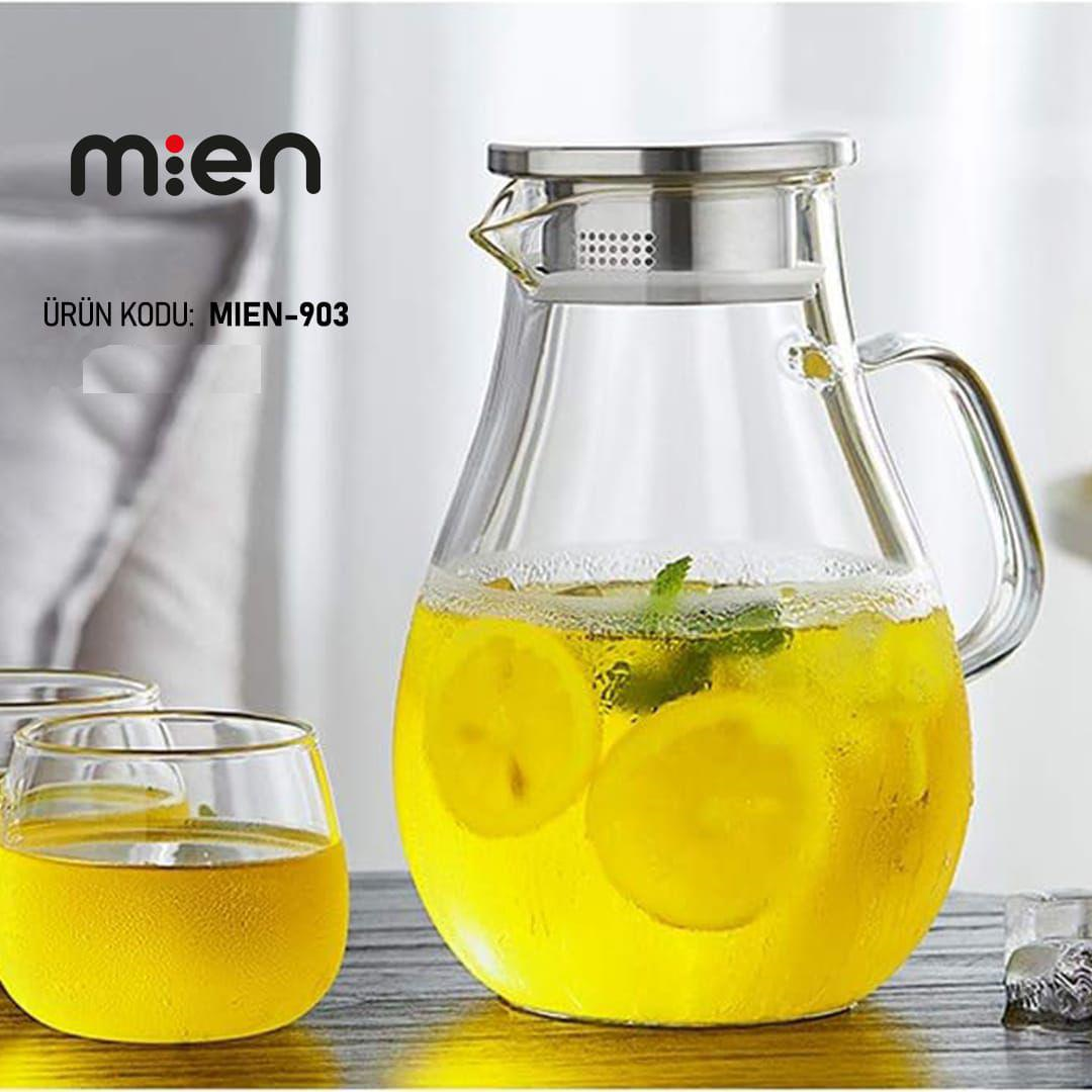 Mien Cam Sürahi Isıya Dayanıklı Borosilikat İnce Cam 2 Litre Süzgeç Kapaklı Mien-903 