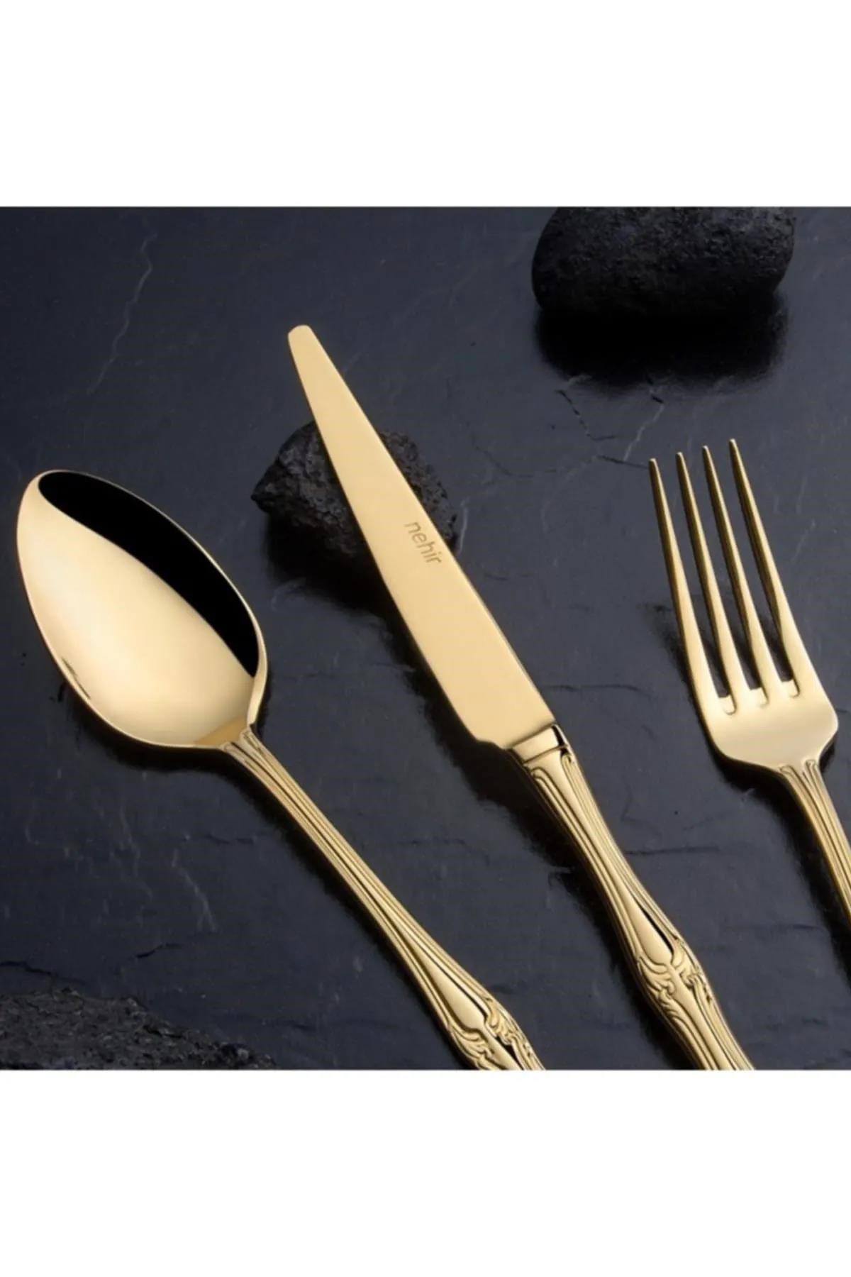 Nehir Lalezar Titanyum Gold Full Altın Parlak 89 Parça Kutulu Çatal Kaşık Bıçak Takımı 