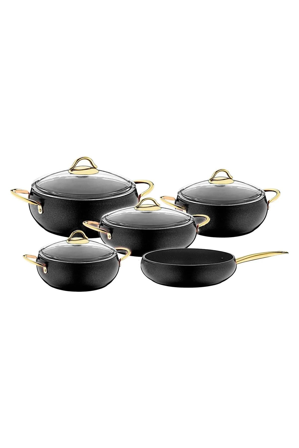Oms 3040 Elegant 9 Parça Granit Küre Tencere Seti Siyah 