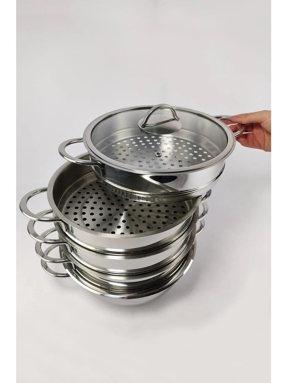 Oms 6090-C Mantı ve Haşlama Tenceresi 6 Parça Paslanmaz Çelik Cam Kapaklı 28x10 Cm 